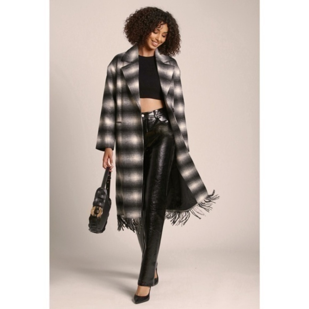New Avec Les Filles Plaid Fringe Relaxed Coat Black White XS